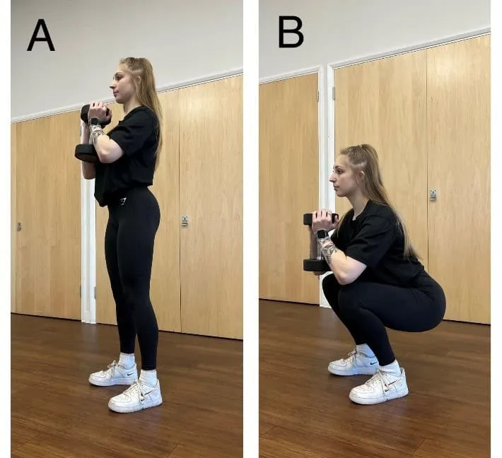 Side-by-side images of a woman performing a goblet squat, holding a dumbbell at chest level, standing (A) and squatting (B).