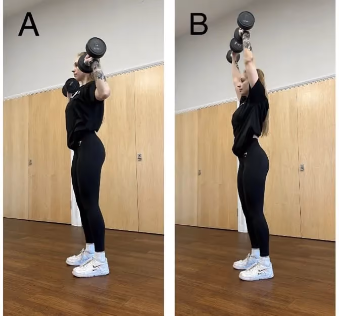 Person performing dumbbell shoulder press in two stages: A) weights at shoulder height, B) weights fully extended overhead.