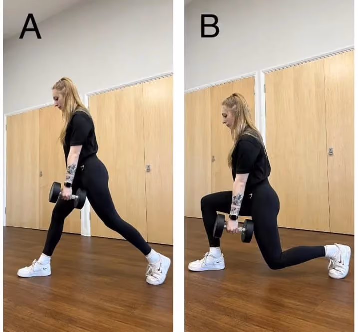 A woman performs a split squat exercise holding dumbbells, shown in starting (A) and lowered (B) positions.