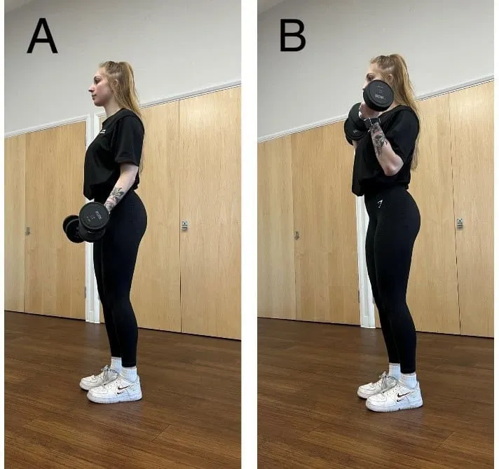 Side view of a woman performing a dumbbell bicep curl, lowering weight in image A and lifting it in image B indoors.