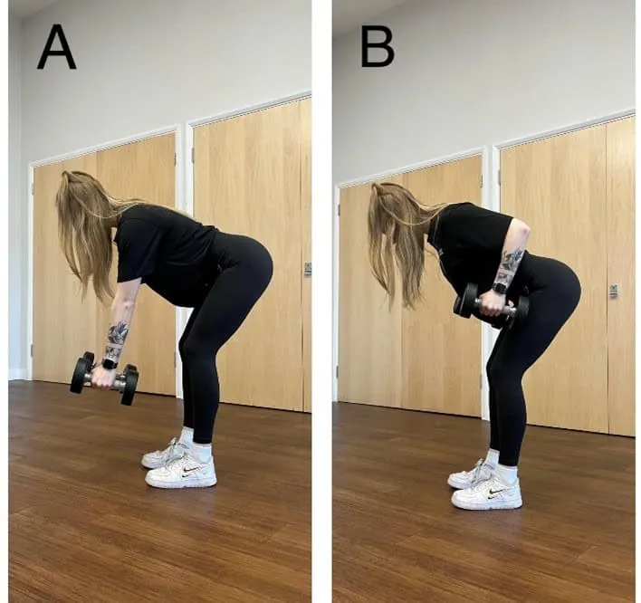 Image A shows arms extended, and image B shows elbows bent.