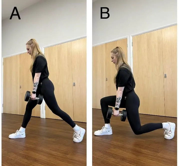 Image A shows the start position; Image B shows the lunge position.
