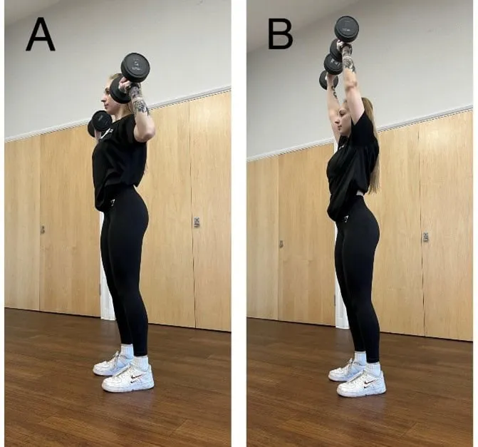 In image A, arms are bent at shoulder height; in image B, arms are fully extended overhead.