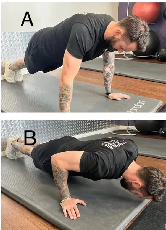 Two push-up variations on a gym mat: one in a standard plank position and another in a lower position.