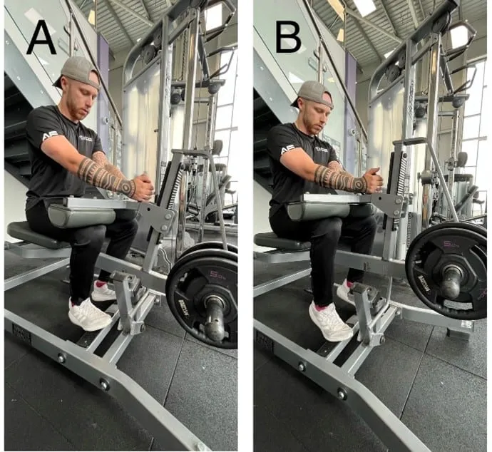 Image A shows a starting position; Image B shows a mid-curl position.