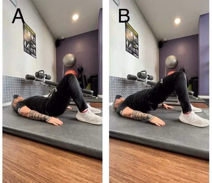 In position A, lying flat with knees bent; in position B, hips lifted.