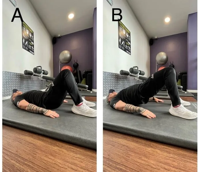 In position A, lying flat with knees bent; in position B, hips lifted.