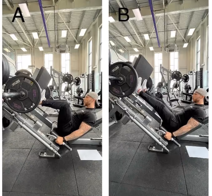 Leg press machine: Image A: Knees bent. Image B: Legs extended.