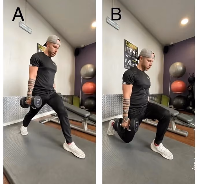 Leg presses on a machine. Image A: legs bent; Image B: legs extended.