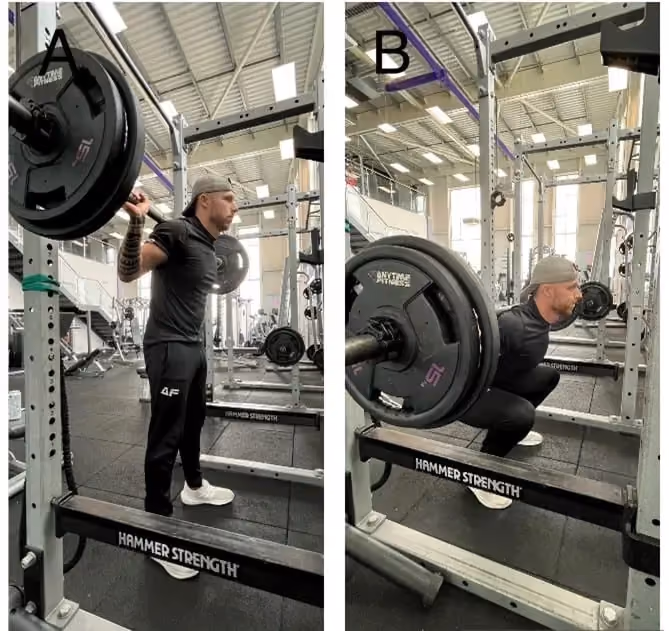 Barbell squat in two stages: standing position (A), squatting position (B).