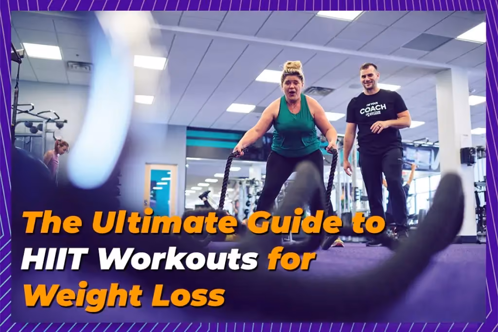 An Anytime Fitness banner titled 'The Ultimate Guide to HIIT Workouts for Weight Loss,' featuring a woman mid-workout using battle ropes with a coach cheering her on in a purple-themed gym.