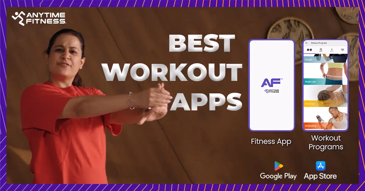 An Anytime Fitness banner featuring a woman stretching alongside smartphone mockups showing the Anytime Fitness workout app and various training programs like weight loss and bodybuilding.