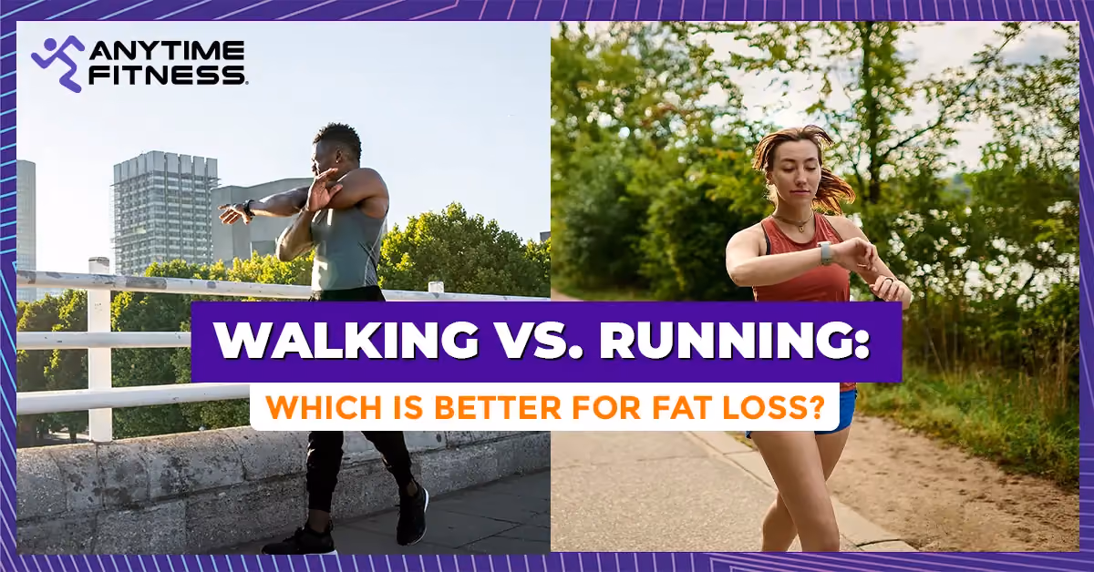 A split-screen image for Anytime Fitness comparing a man stretching before a walk and a woman checking her smartwatch while running, titled 'Walking vs. Running: Which is Better for Fat Loss?'