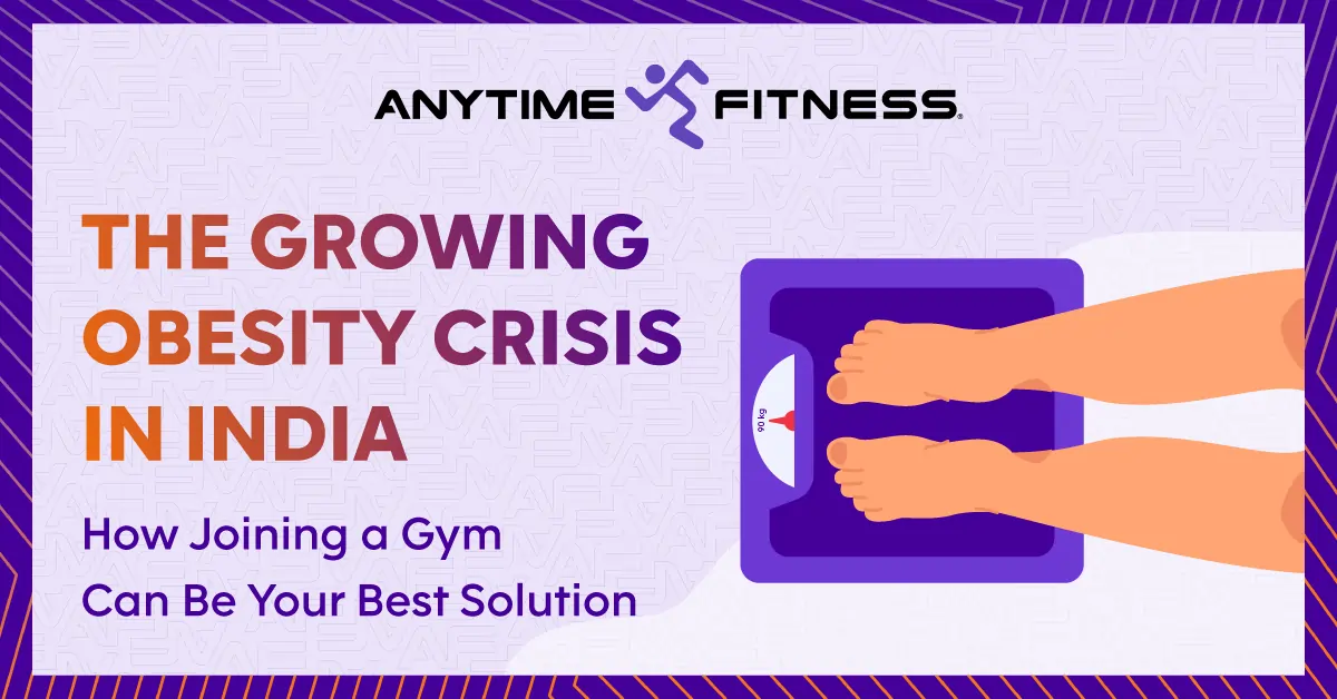 An illustrative banner for Anytime Fitness titled 'The Growing Obesity Crisis in India,' featuring a graphic of a person standing on a purple weighing scale showing 90kg to highlight health awareness.