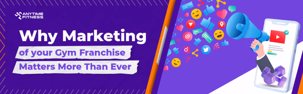 Anytime Fitness banner reading ‘Why Marketing of Your Gym Franchise Matters More Than Ever’ with megaphone and social media icons.