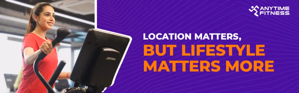 Anytime Fitness banner with the text "Location Matters, But Lifestyle Matters More." On the left, a smiling woman in a red athletic shirt is shown exercising on an elliptical machine in a brightly lit gym.