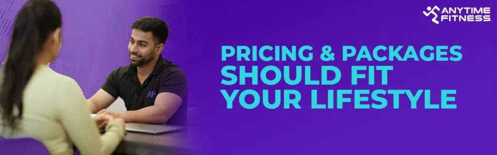 Anytime Fitness banner with the text "PRICING & PACKAGES SHOULD FIT YOUR LIFESTYLE." The left side shows a smiling consultant in a black polo shirt discussing options with a client across a desk.