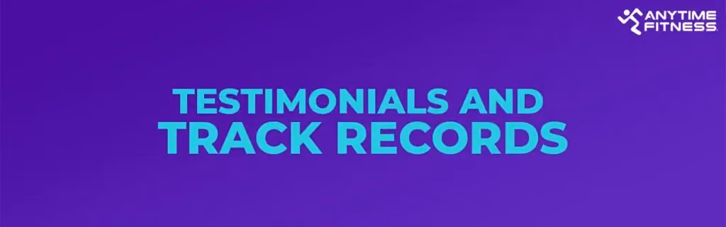 A simple purple background banner with centered teal text that reads "TESTIMONIALS AND TRACK RECORDS."
