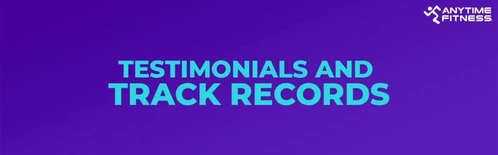 A simple purple background banner with centered teal text that reads "TESTIMONIALS AND TRACK RECORDS."