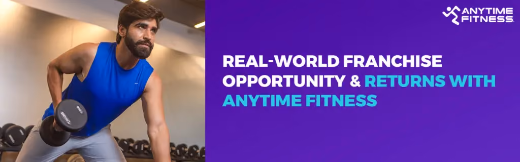 Anytime Fitness banner with the text "Real-World Franchise Opportunity & Returns with Anytime Fitness." The left side features a muscular man in a blue tank top performing a single-arm dumbbell row in a well-lit gym.