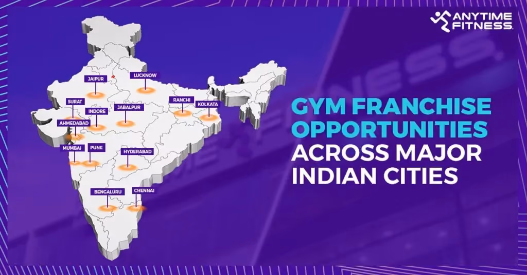 A map of India on a purple background highlighting "Gym Franchise Opportunities Across Major Indian Cities." Pins mark various cities including Mumbai, Pune, Bengaluru, Chennai, Hyderabad, Ahmedabad, Indore, Jaipur, Lucknow, Jabalpur, Ranchi, and Kolkata.