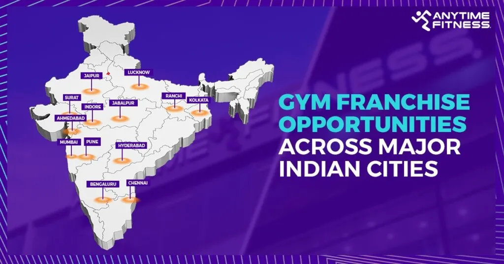A map of India on a purple background highlighting "Gym Franchise Opportunities Across Major Indian Cities." Pins mark various cities including Mumbai, Pune, Bengaluru, Chennai, Hyderabad, Ahmedabad, Indore, Jaipur, Lucknow, Jabalpur, Ranchi, and Kolkata.