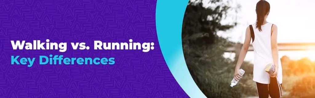 A purple blog banner titled "Walking vs. Running: Key Differences." The right side shows the back view of a woman in athletic wear stretching her quad while holding a water bottle outdoors.