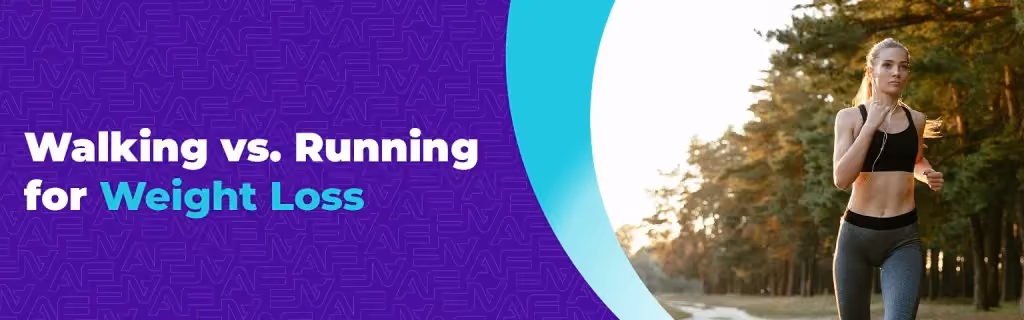 An Anytime Fitness blog banner titled "Walking vs. Running for Weight Loss." On the right, a fit woman in a black sports bra and leggings is shown running through a sunlit forest trail.