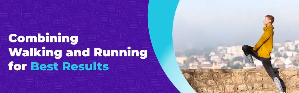 A blog banner titled "Combining Walking and Running for Best Results." The right side depicts a woman in a yellow jacket performing a deep lunge stretch on a stone wall overlooking a city at dawn.