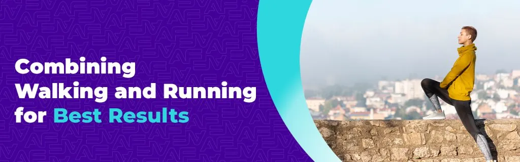 A blog banner titled "Combining Walking and Running for Best Results." The right side depicts a woman in a yellow jacket performing a deep lunge stretch on a stone wall overlooking a city at dawn.