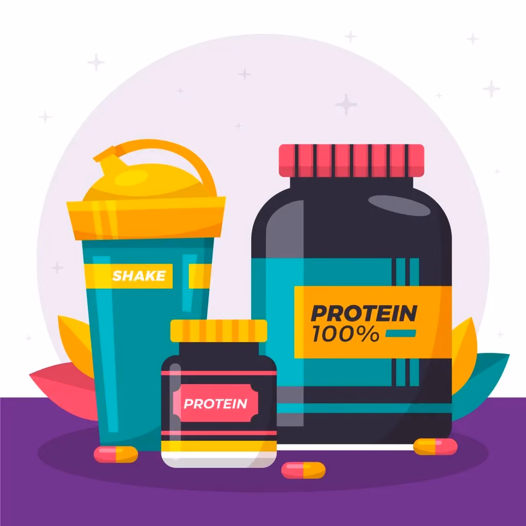 A colorful flat illustration of fitness supplements, featuring a teal shaker bottle labeled "SHAKE," a large black tub labeled "PROTEIN 100%," a smaller supplement jar, and several scattered capsules.