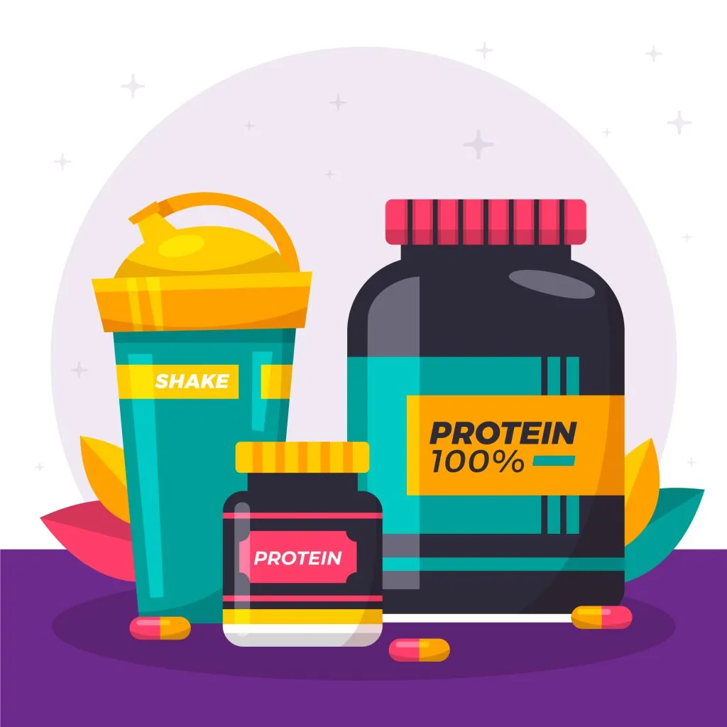 A colorful flat illustration of fitness supplements, featuring a teal shaker bottle labeled "SHAKE," a large black tub labeled "PROTEIN 100%," a smaller supplement jar, and several scattered capsules.