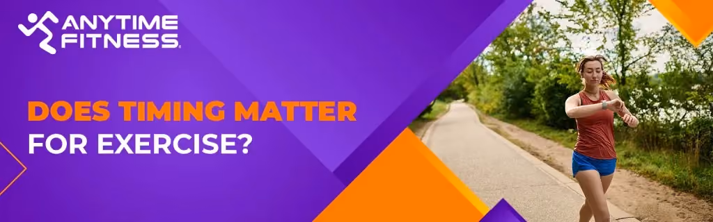 A blog banner asking "DOES TIMING MATTER FOR EXERCISE?" It features a woman in running gear jogging along a paved path next to a lake, checking her smartwatch to track her progress.