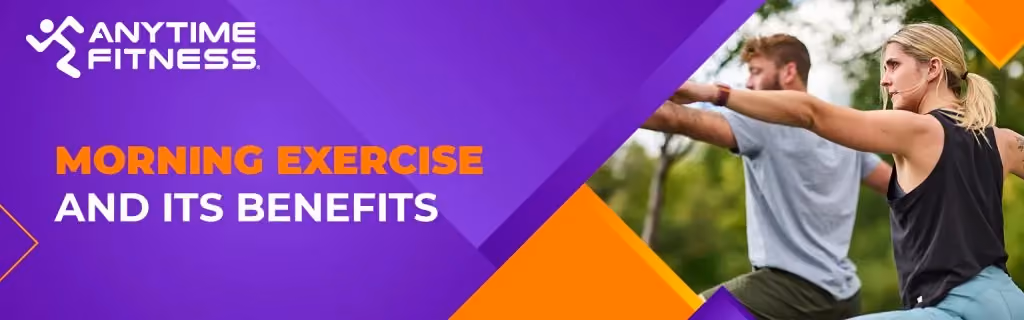 A banner titled "MORNING EXERCISE AND ITS BENEFITS." The image depicts a man and a woman in the background practicing yoga together outdoors in a lush, green natural setting.