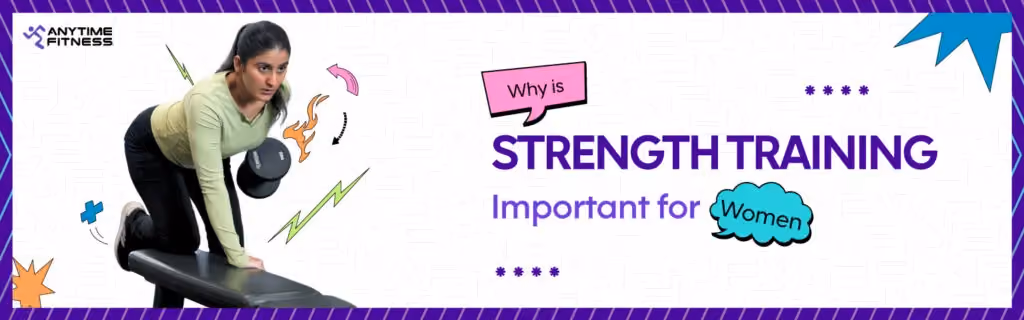 An Anytime Fitness banner titled "Why is Strength Training Important for Women." The left side features a woman in athletic wear performing a single-arm dumbbell row on a weight bench, surrounded by colorful comic-style graphics like lightning bolts and flames.