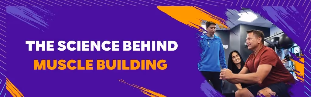 A promotional banner titled "THE SCIENCE BEHIND MUSCLE BUILDING." The right side features a man performing a squat exercise while two fitness professionals observe his form to ensure proper technique and safety.