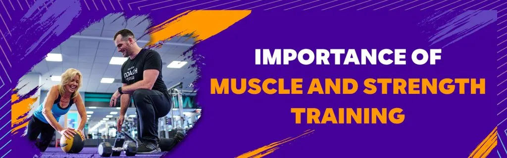 A purple and orange banner titled "IMPORTANCE OF MUSCLE AND STRENGTH TRAINING." The image shows a female gym member smiling while performing a medicine ball exercise under the close supervision of a male fitness coach.