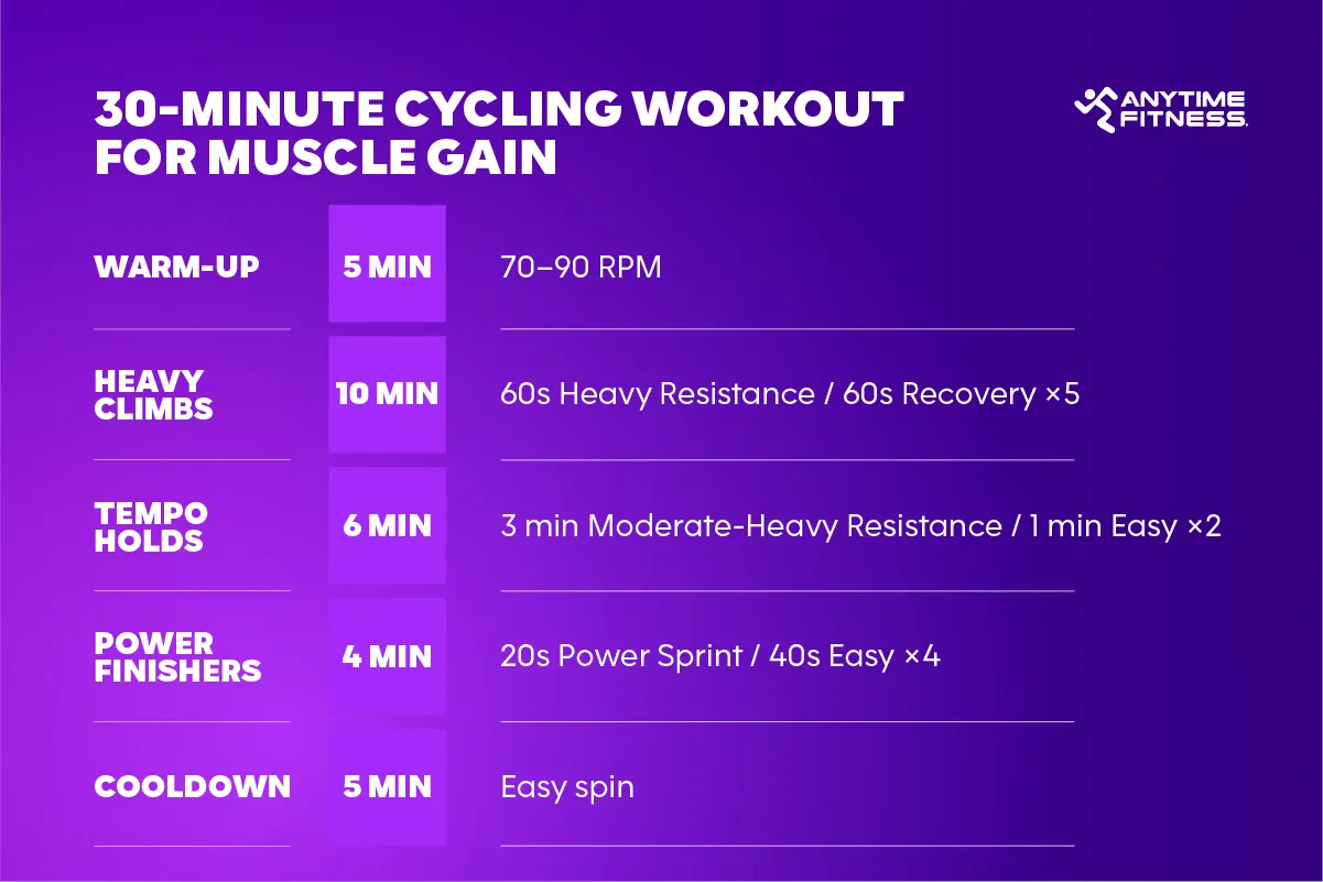 30-minute cycling workout for muscle gain with climbs, tempo holds, power finishers, and cooldown.