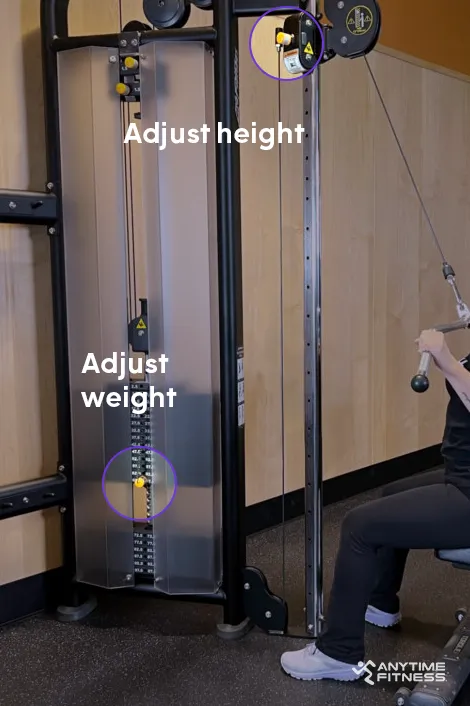 How to adjust the equipment, including cable height and weight, for cable machine exercises.
