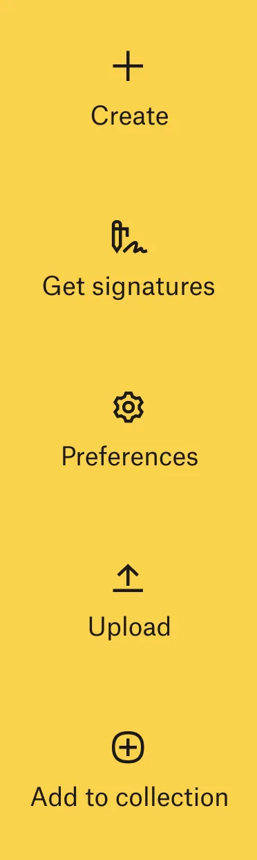 Stack of buttons that read Create, Get signatures, Preferences, Upload and Add to collection.