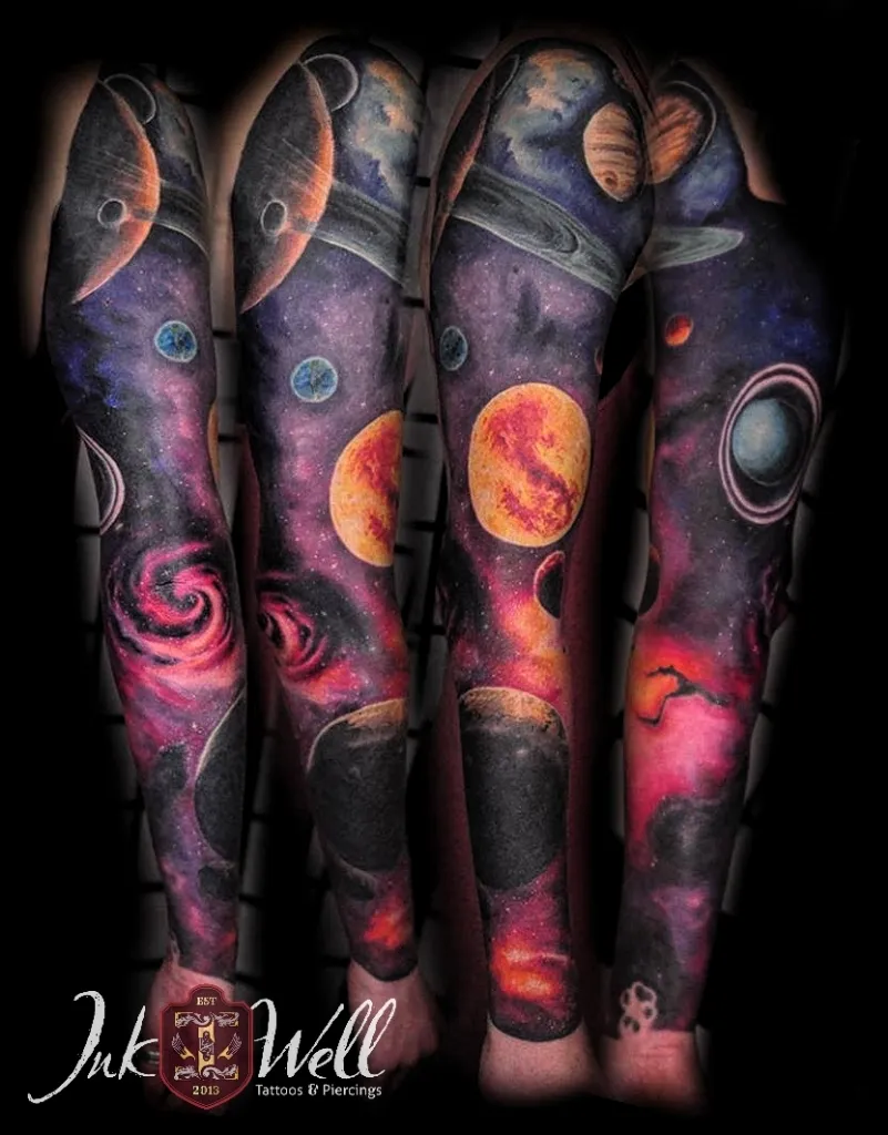 Colourful space-themed tattoo sleeve shown from three angles