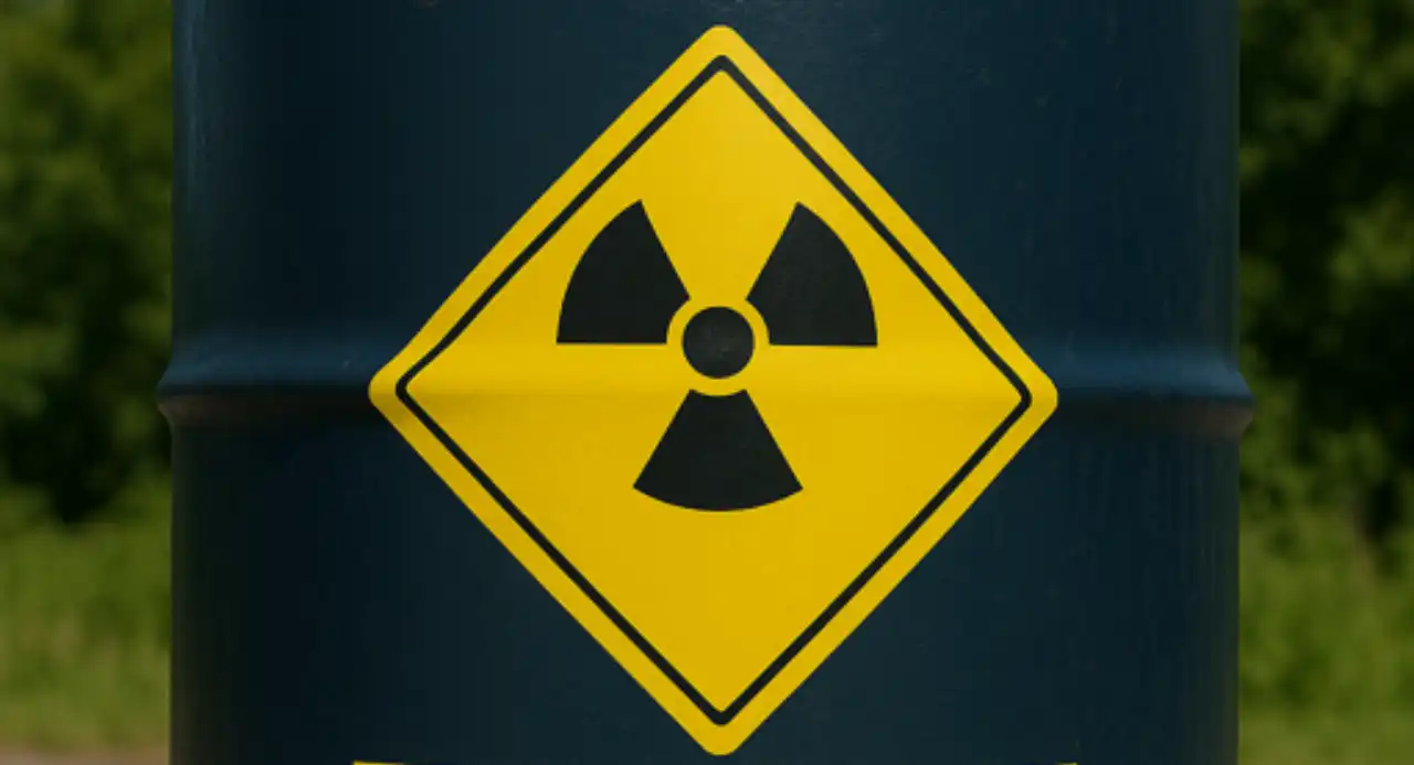 Blue metal barrel labeled 'Hazardous Waste' with a yellow radiation warning sign, placed outdoors against a background of trees and clear sky.
