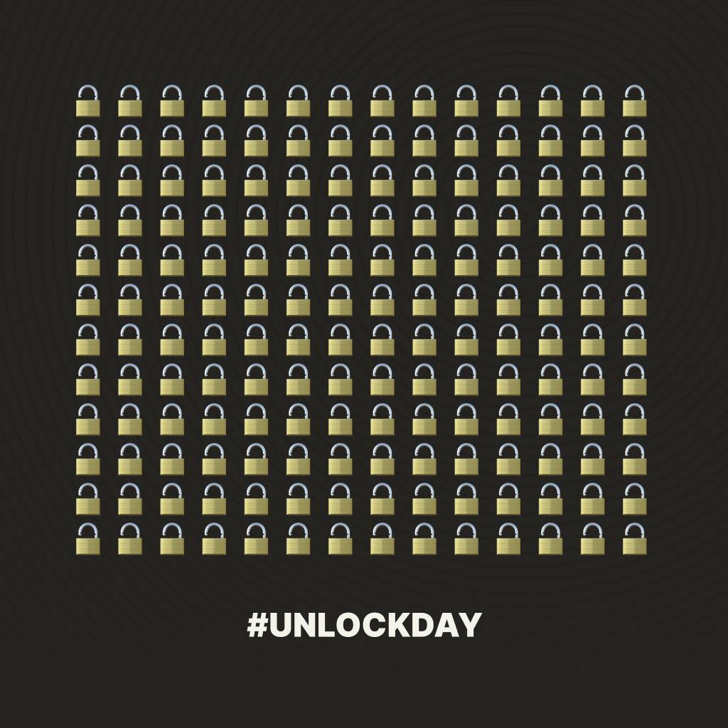 A grid of padlock emoji above the hashtag UnlockDay.