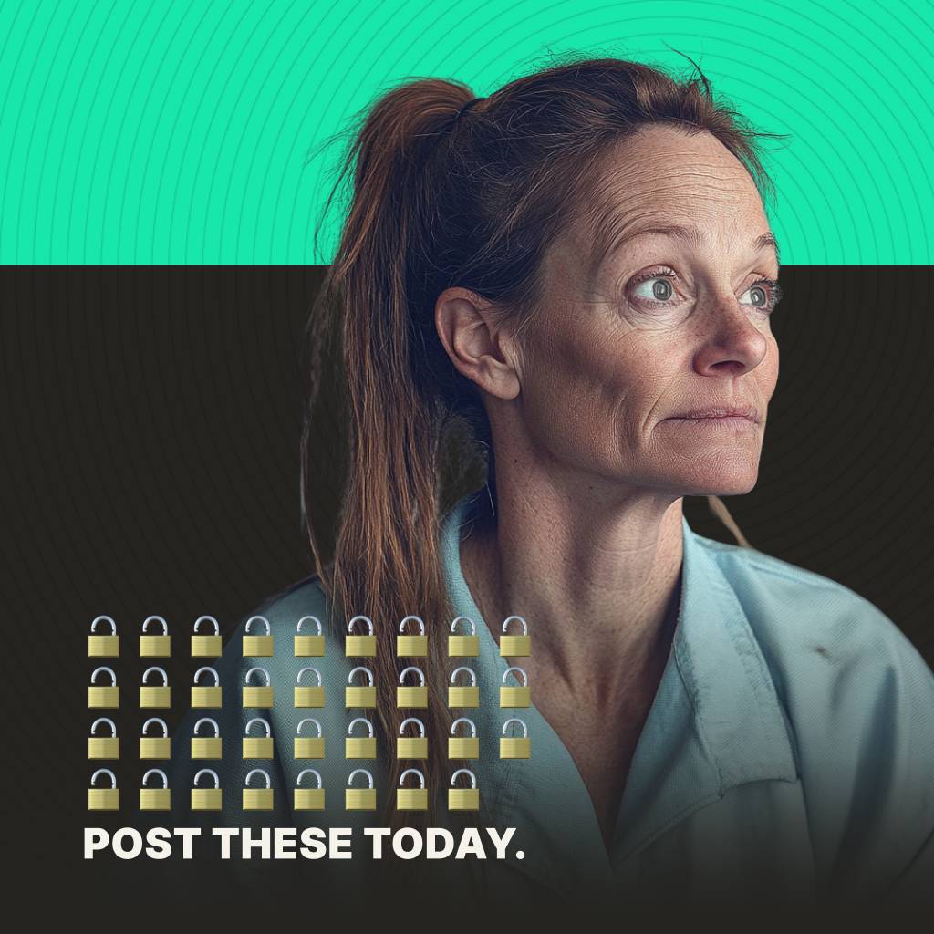 Post these today, above a row of padlock emoji, with a portrait of an incarcerated woman.