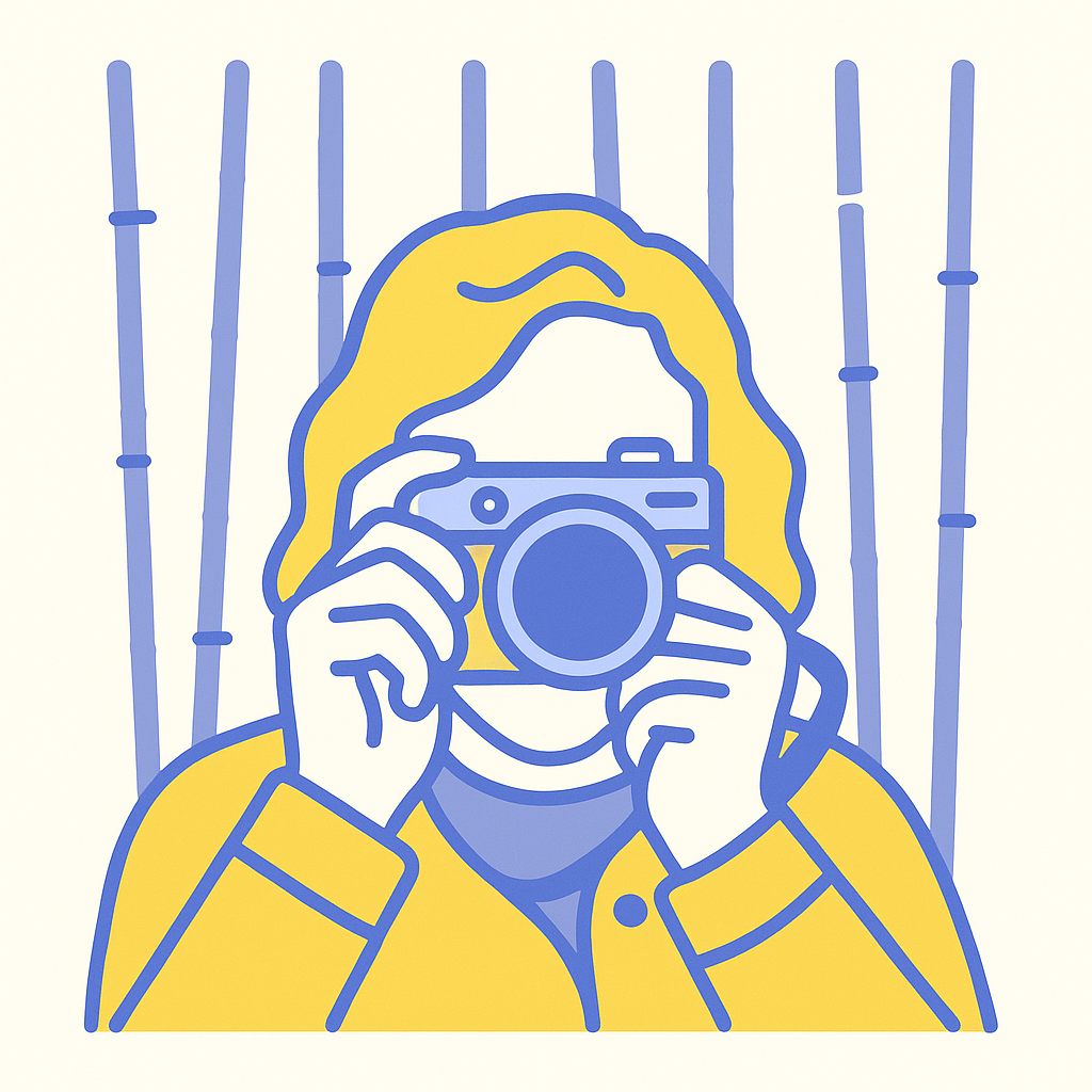 Illustration of a person with yellow hair and a yellow jacket holding a camera to their face, with vertical blue bamboo stalks in the background.