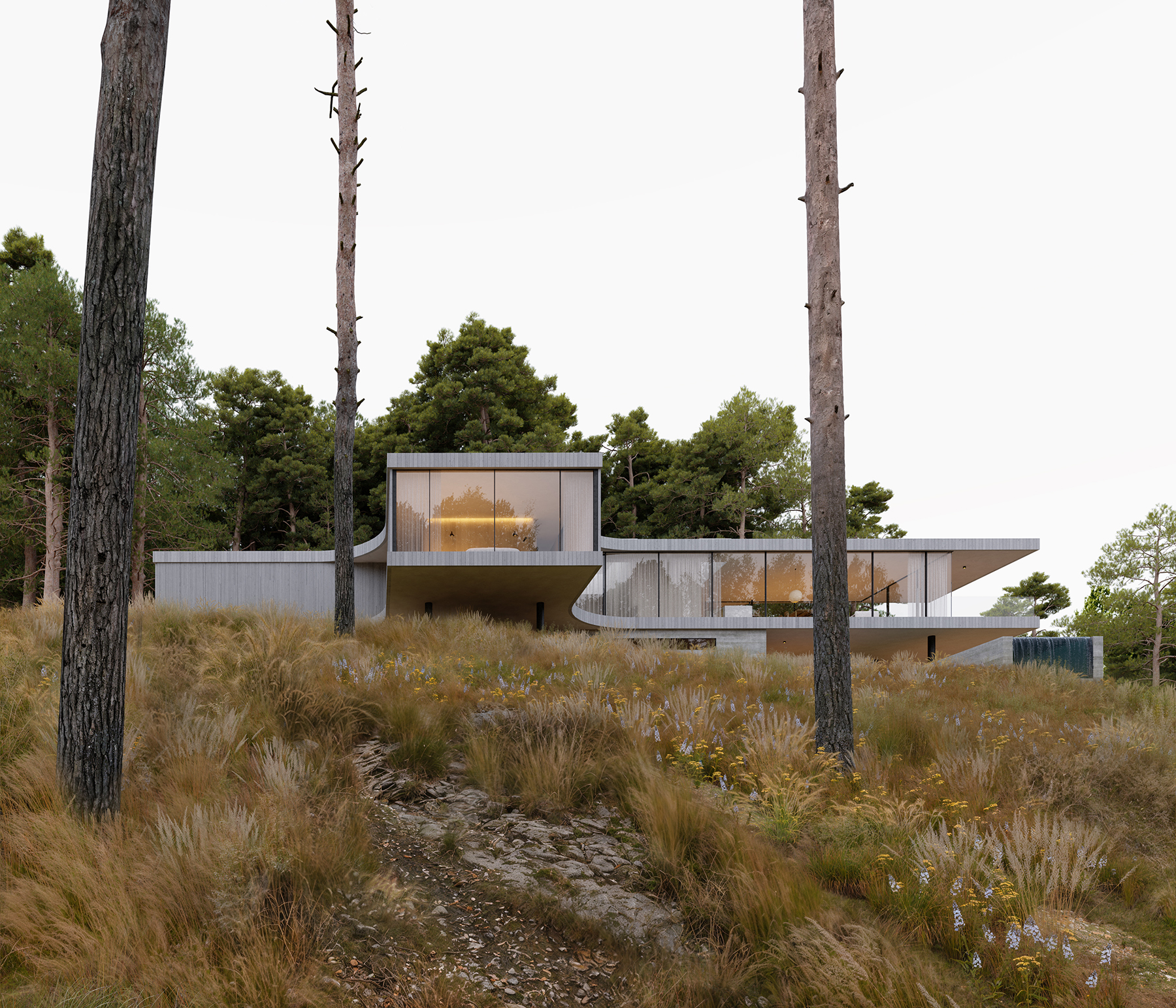 Modern house with flat roof in snowy landscape surrounded by snow-covered pine trees under cloudy sky.