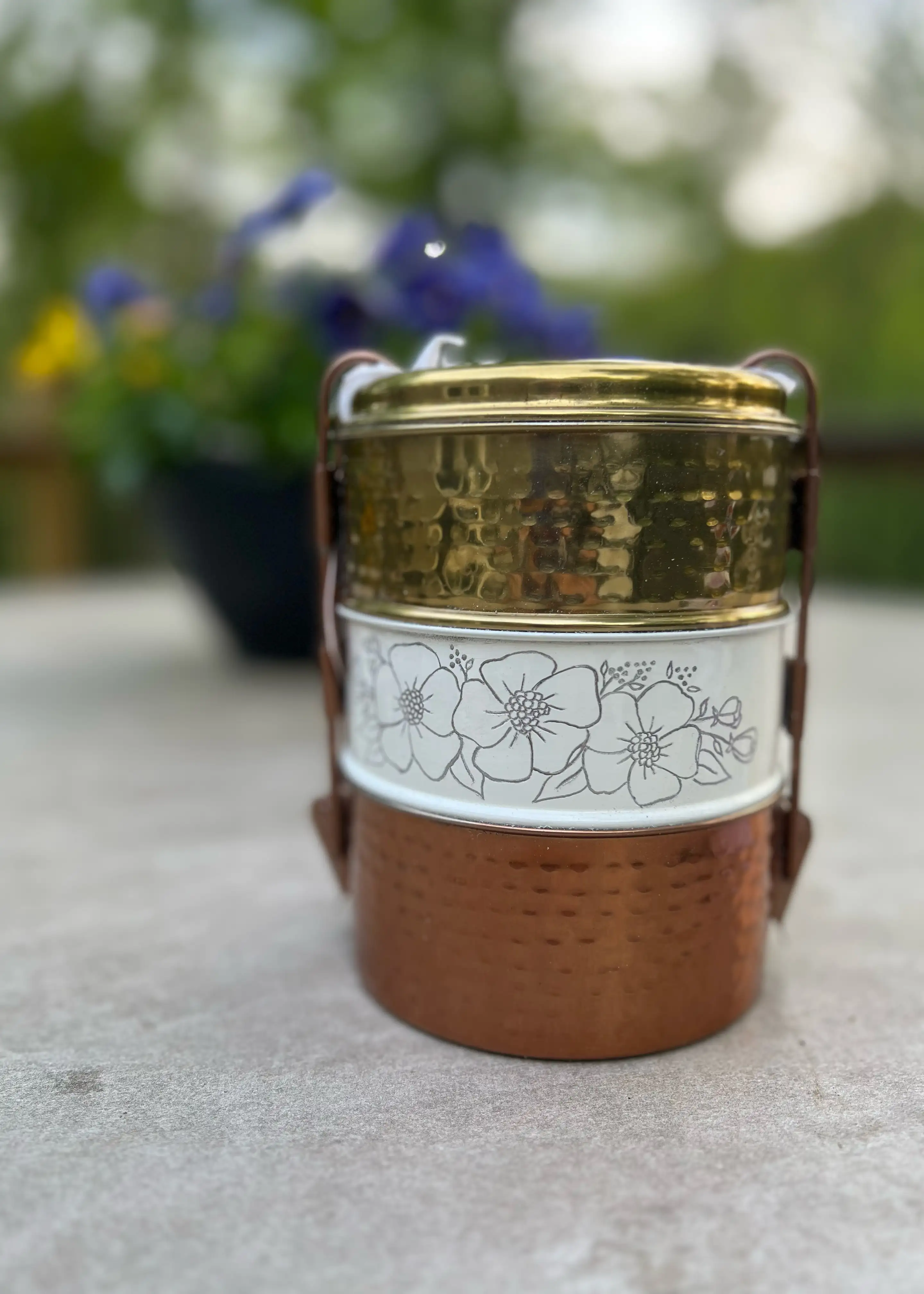 tiffin box customized with hand engraving florals
