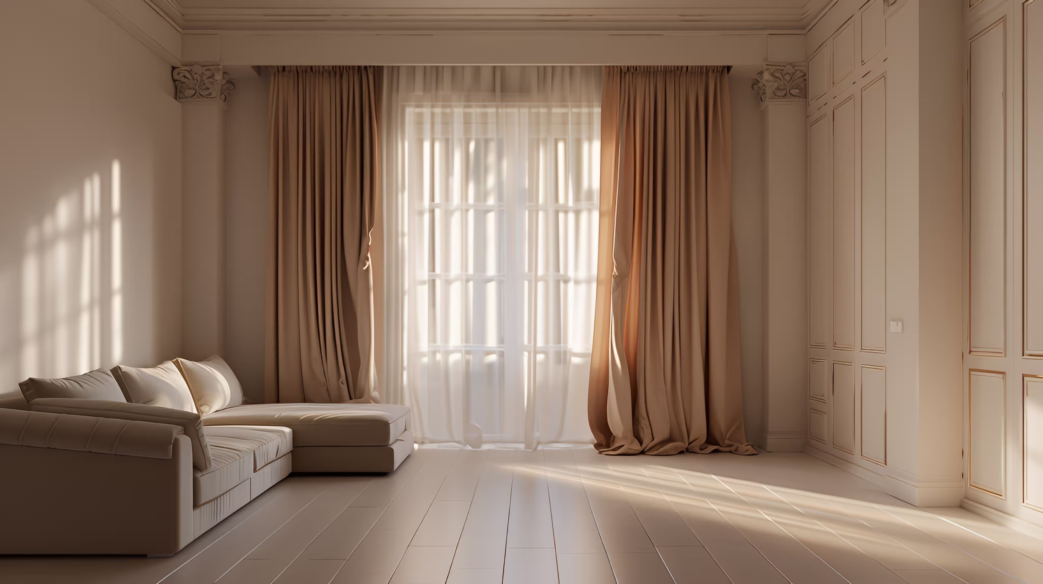 Curtain Colour Combinations with beige curtains and white curtain layered for modern Indian homes 