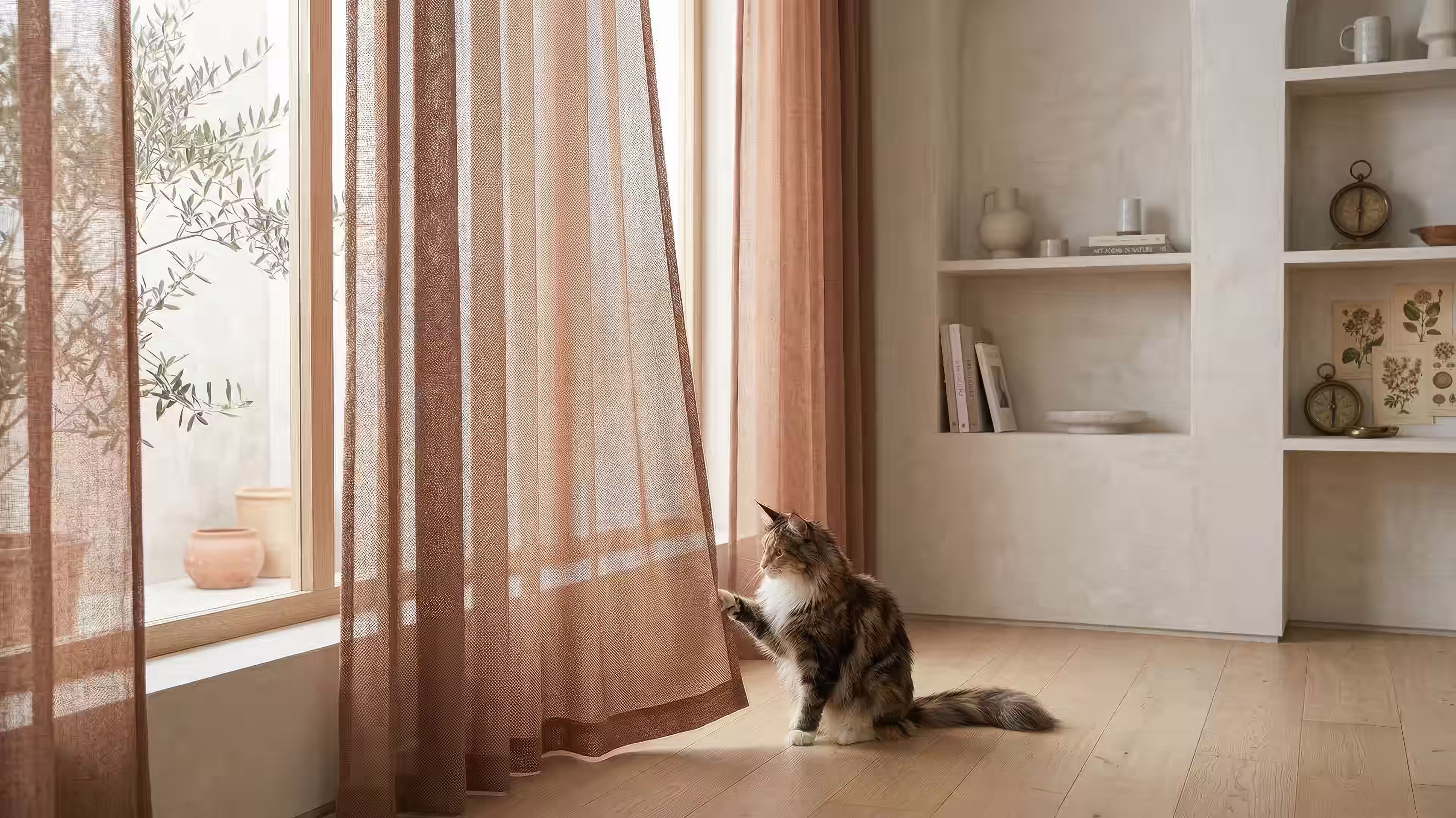 Curtains for windows with curious cat reaching up playfully in modern bedroom setting 
