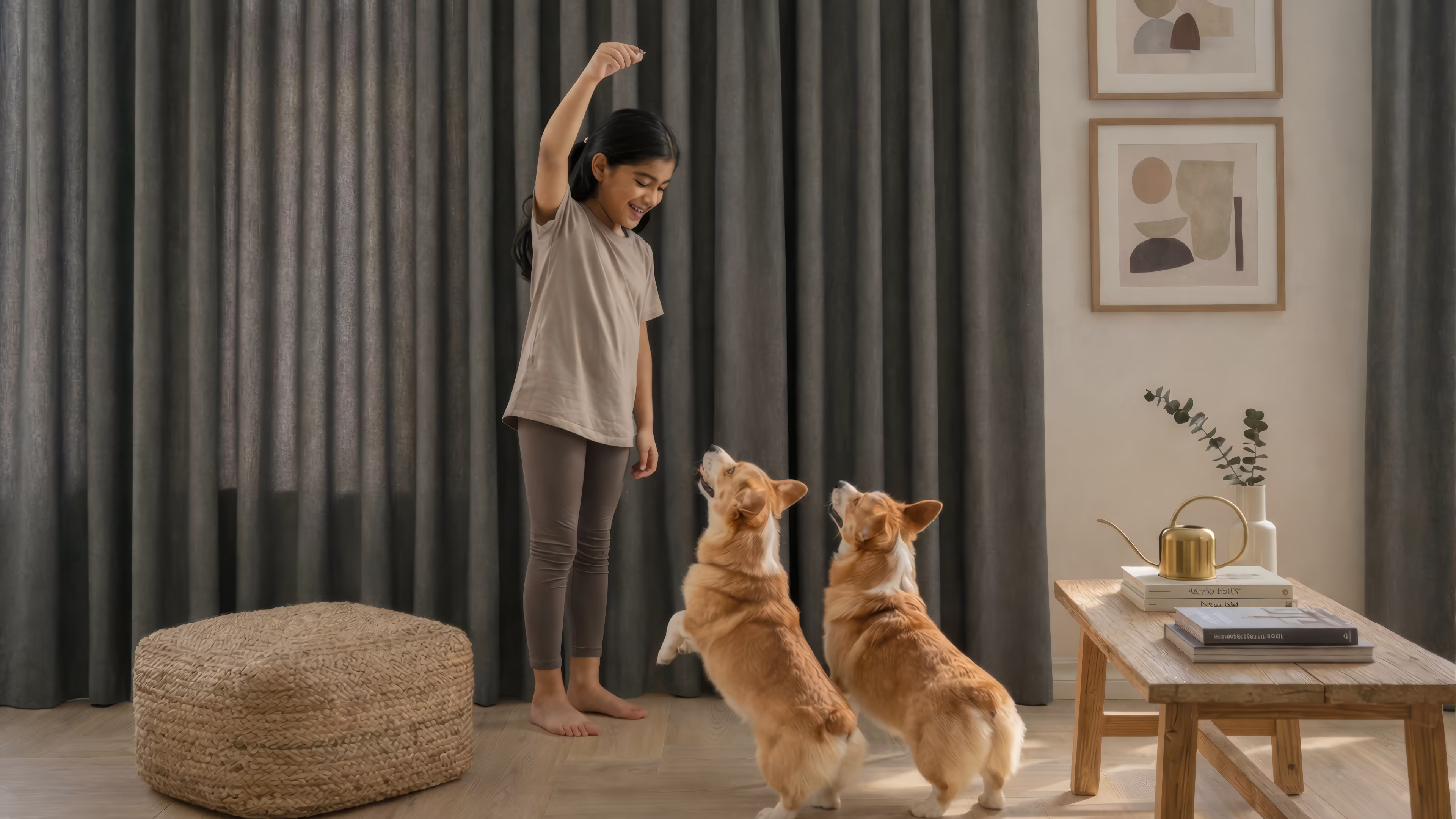 Curtains for windows behind girl happily feeding energetic corgi